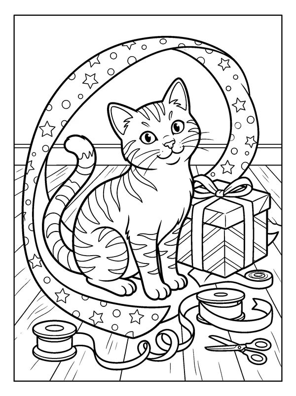 Cat in the Wrapping Paper — printable black-and-white coloring sheet