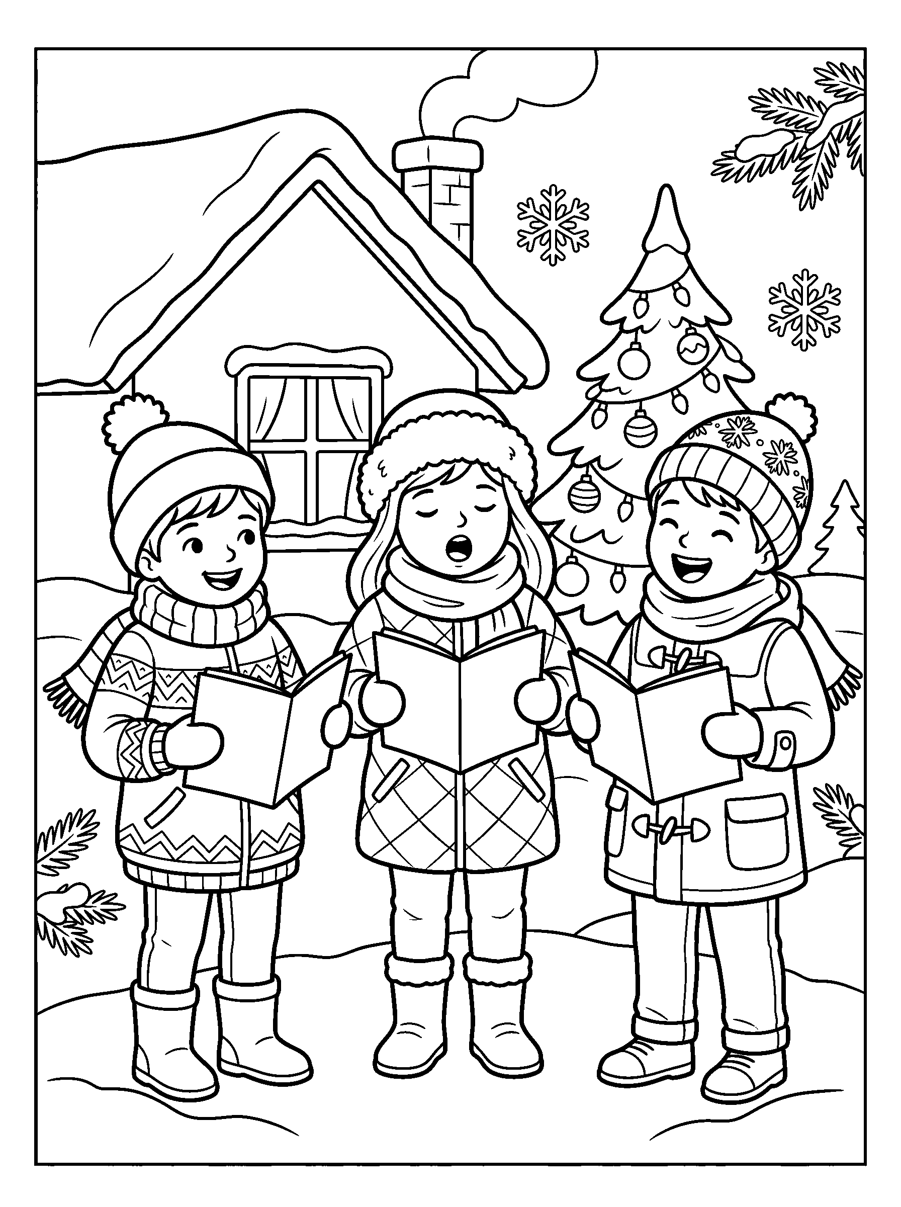 Children Singing Winter Carols — full black-and-white printable coloring page