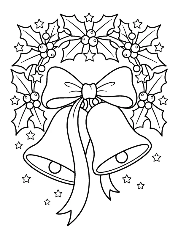 Christmas Bells and Holly — printable black-and-white coloring sheet