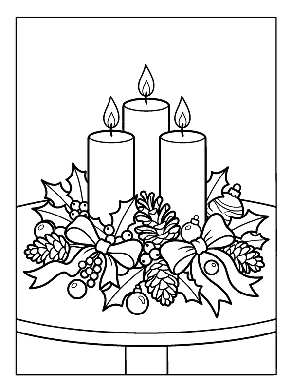 Christmas Candle Centerpiece — printable black-and-white coloring sheet