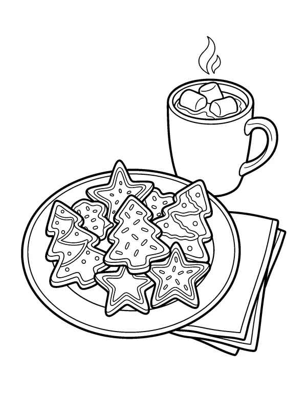 Christmas Cookies and a Warm Mug — printable black-and-white coloring sheet