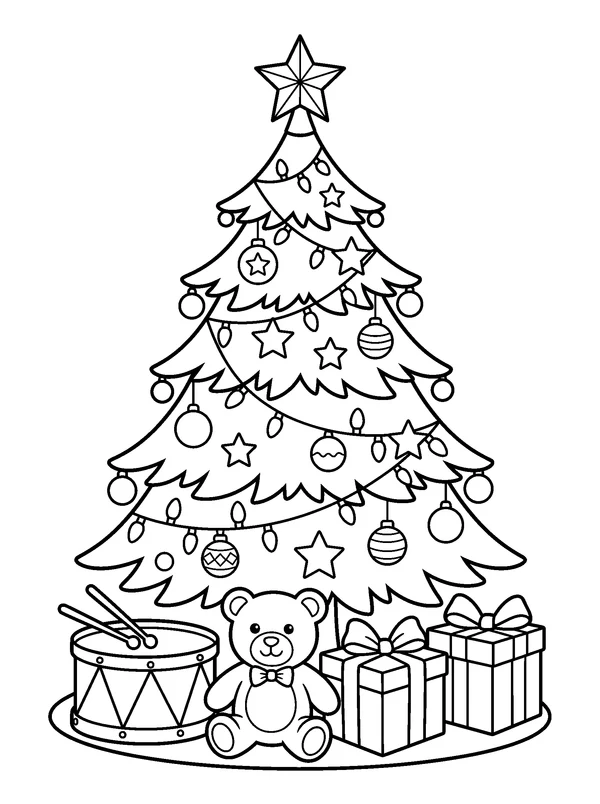 Christmas Tree with Toy Presents — printable black-and-white coloring sheet