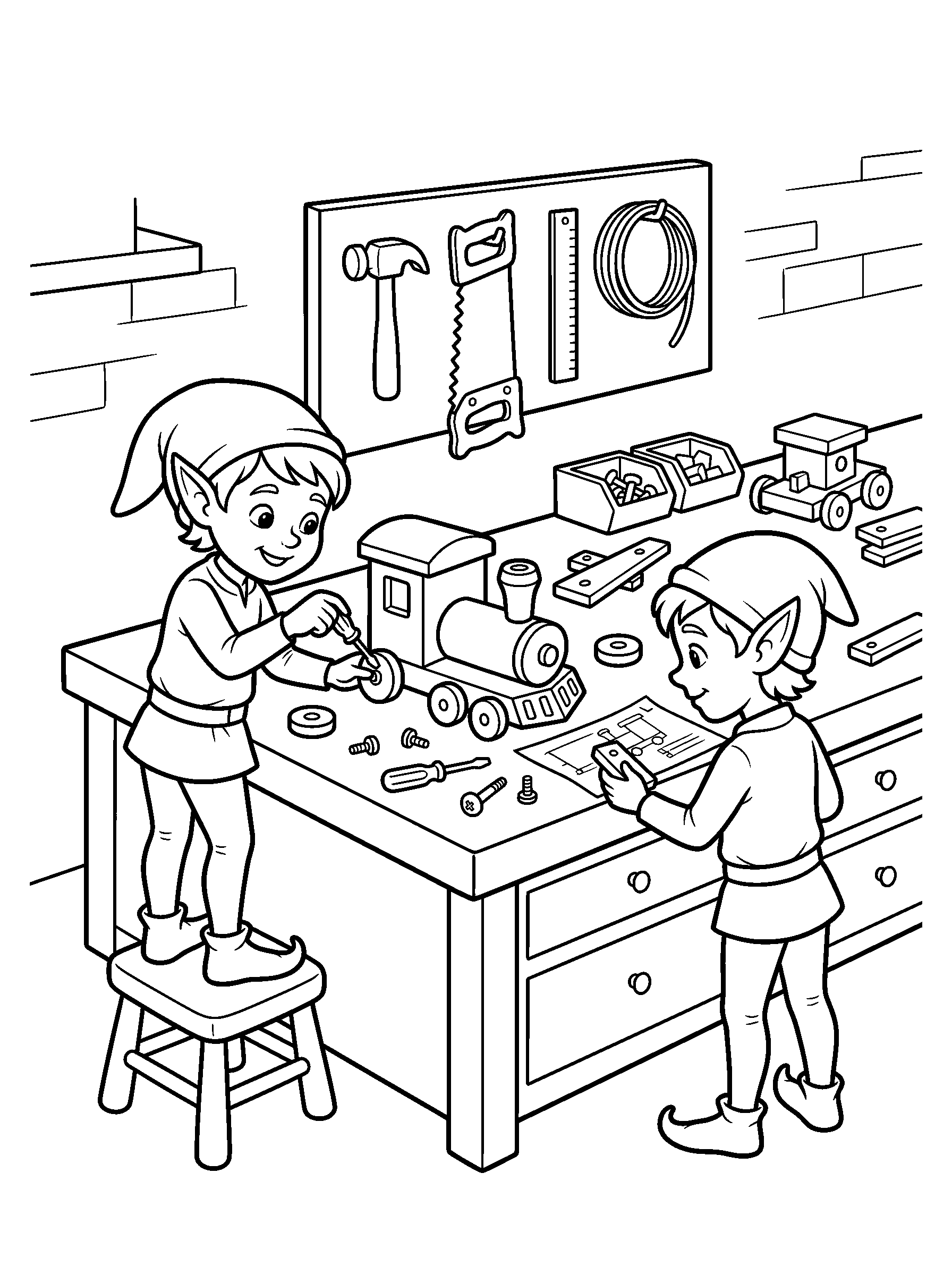 Elves at the Toy Workbench — full black-and-white printable coloring page