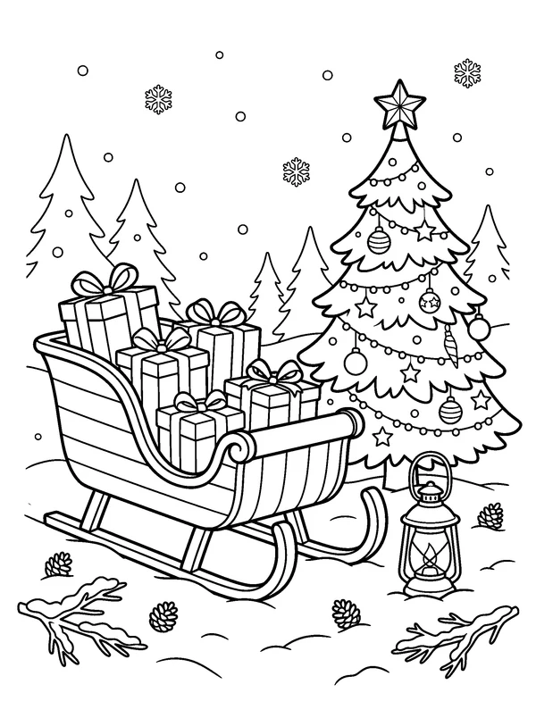 Gift Sleigh Beside the Fir Tree — printable black-and-white coloring sheet