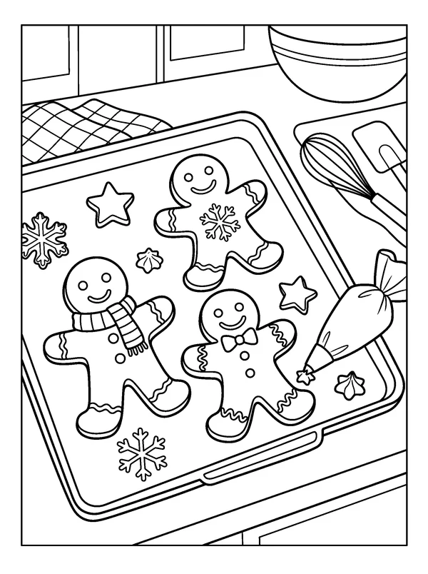 Gingerbread Family on a Cookie Tray — printable black-and-white coloring sheet