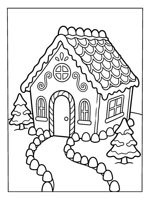 Gingerbread House in the Snow — printable black-and-white coloring sheet