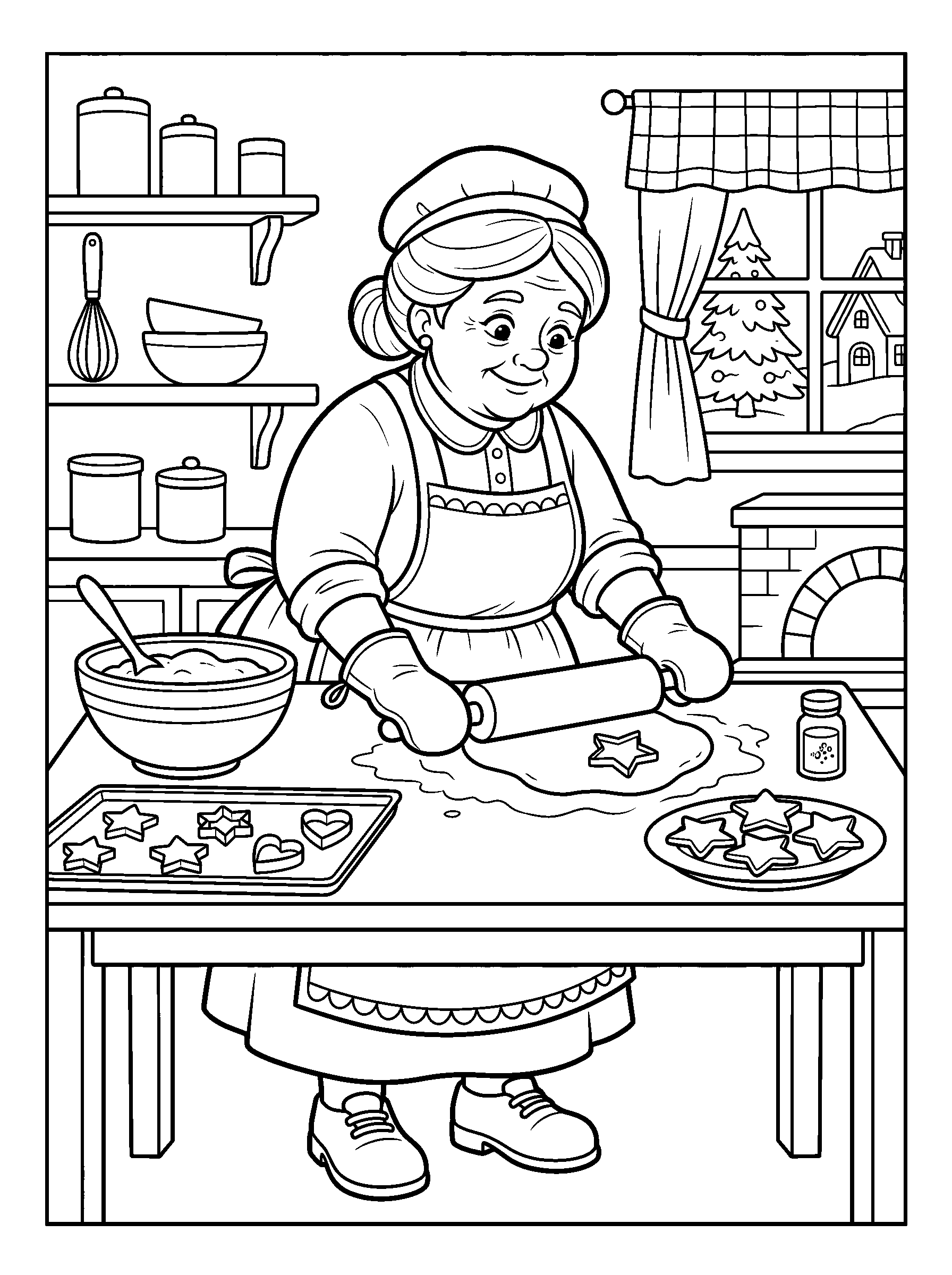 Mrs Claus Baking Cookies — full black-and-white printable coloring page
