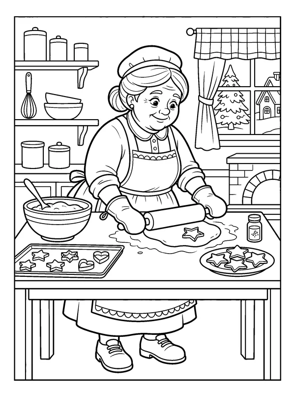 Mrs Claus Baking Cookies — printable black-and-white coloring sheet