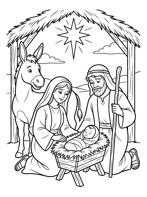 Nativity Manger Under a Star — printable black-and-white coloring sheet