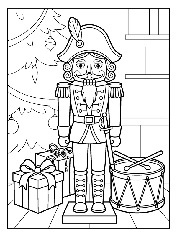Nutcracker with a Toy Drum — printable black-and-white coloring sheet