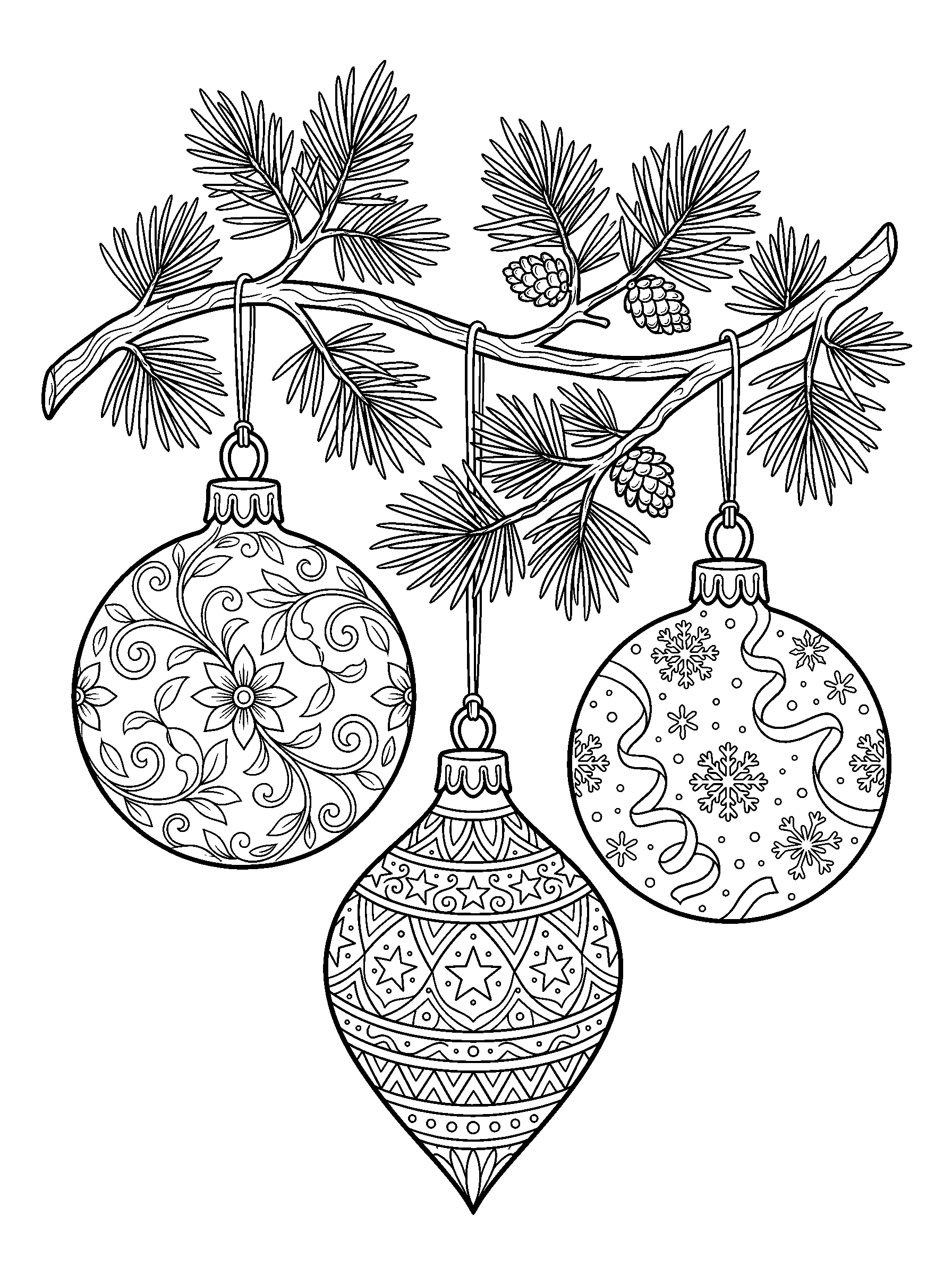 Ornaments on a Pine Branch — full black-and-white printable coloring page