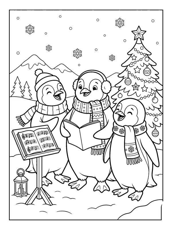 Penguin Christmas Choir — printable black-and-white coloring sheet