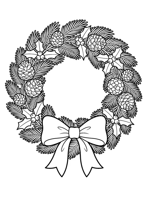 Pine Wreath with a Ribbon Bow — printable black-and-white coloring sheet