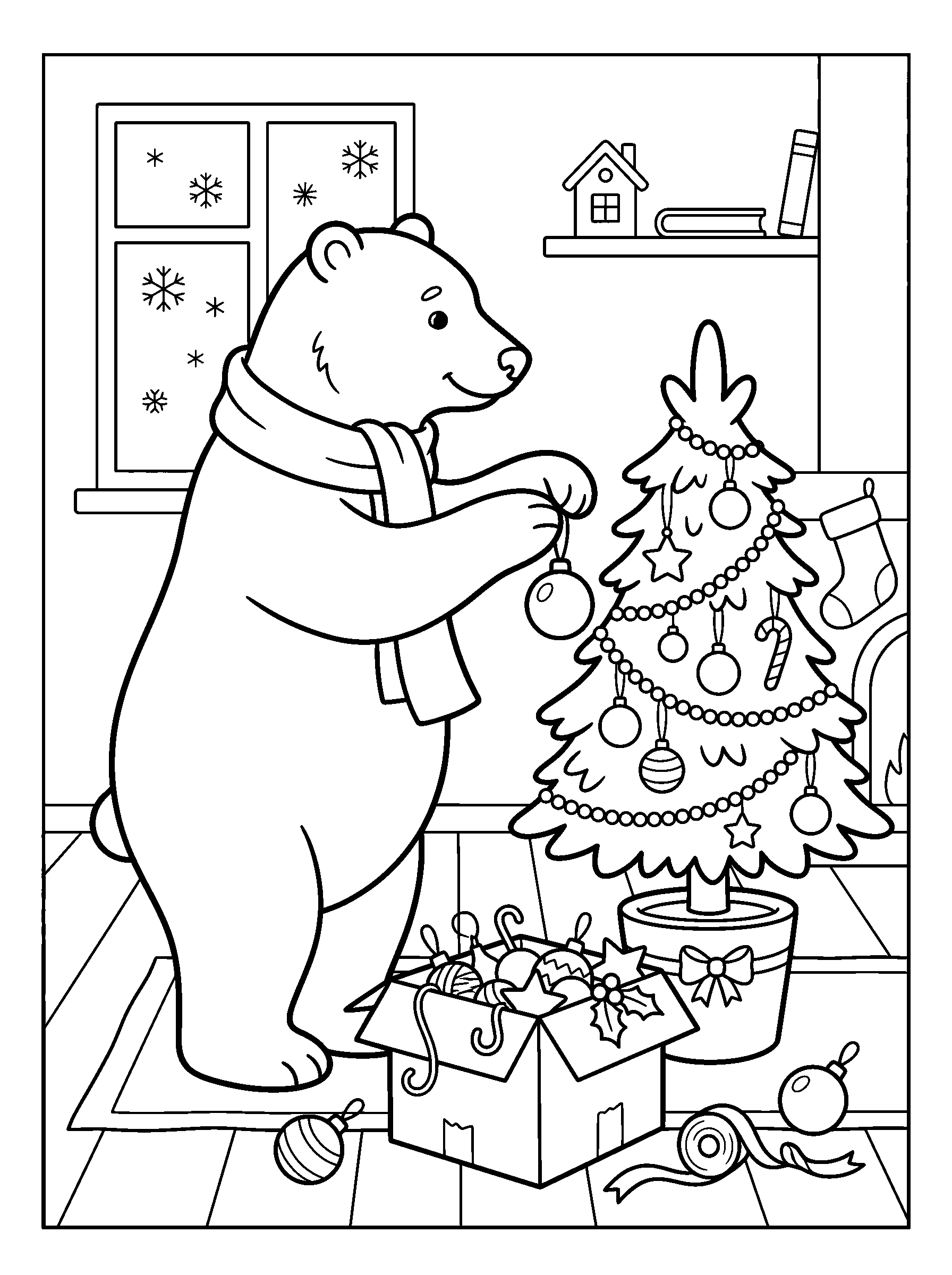 Polar Bear Decorating a Tree — full black-and-white printable coloring page