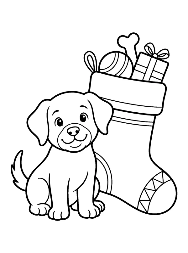 Puppy with a Christmas Stocking — printable black-and-white coloring sheet