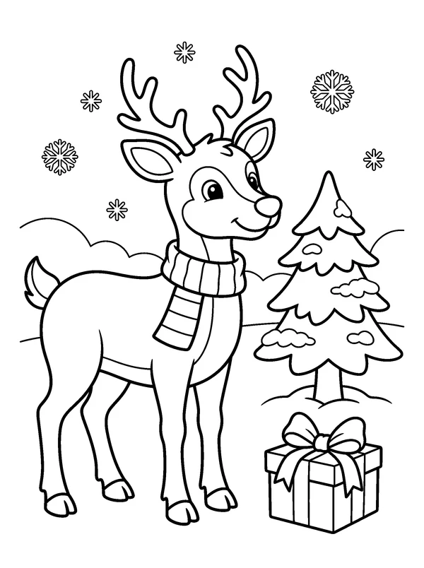 Reindeer with a Cozy Scarf — printable black-and-white coloring sheet