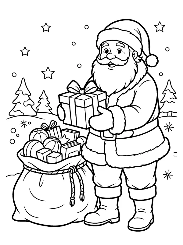 Santa with a Gift Sack — printable black-and-white coloring sheet