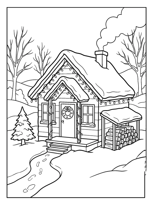 Snowy Cabin with Christmas Lights — printable black-and-white coloring sheet