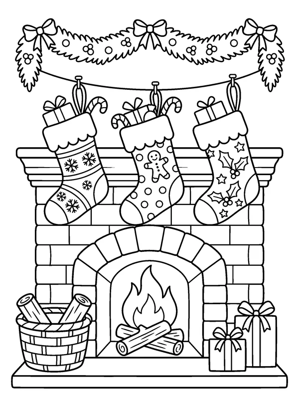 Stockings Above the Fireplace — printable black-and-white coloring sheet