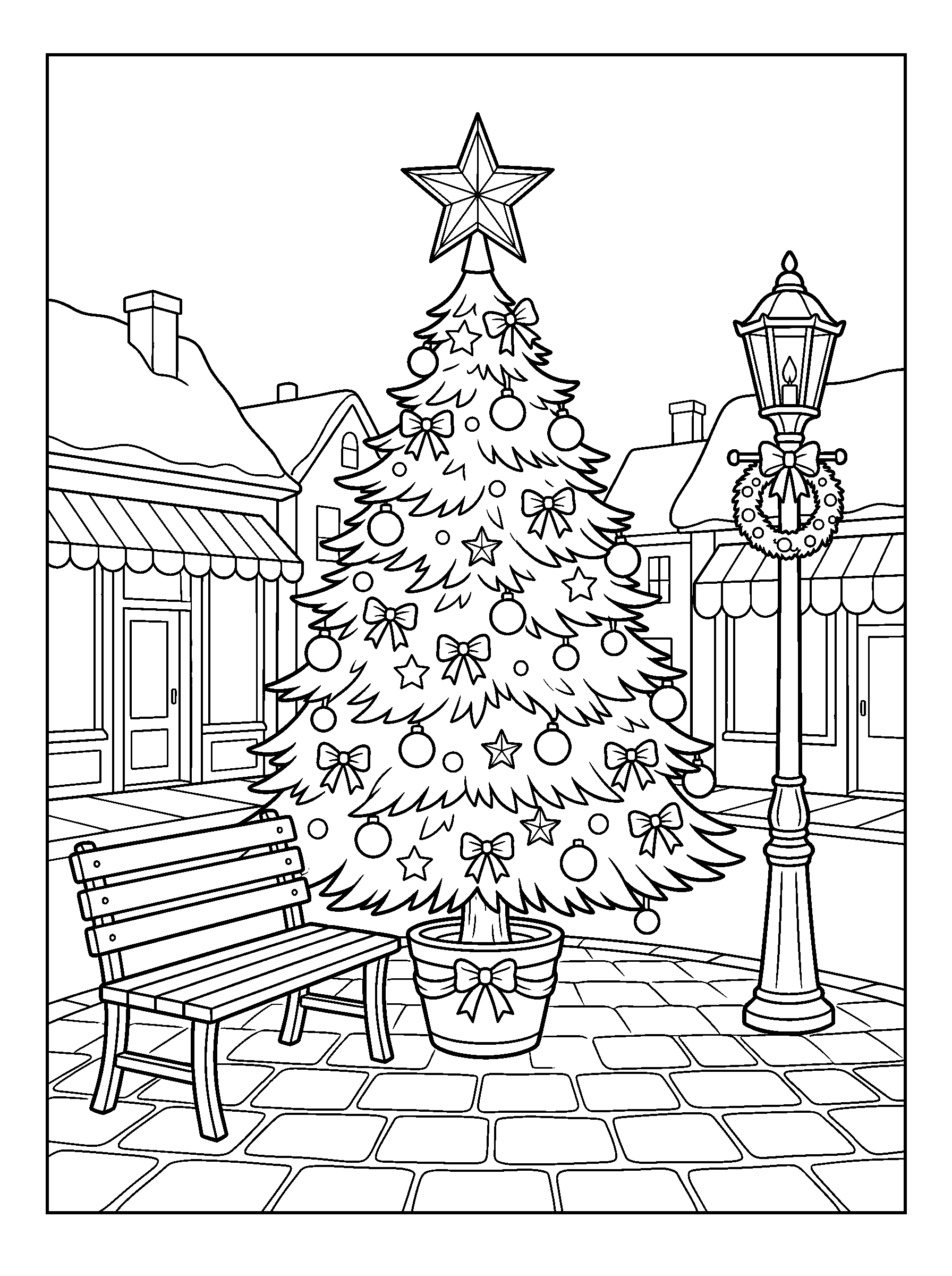 Town Square Christmas Tree — full black-and-white printable coloring page