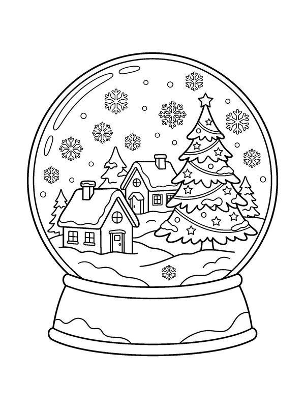 Village Inside a Snow Globe — printable black-and-white coloring sheet