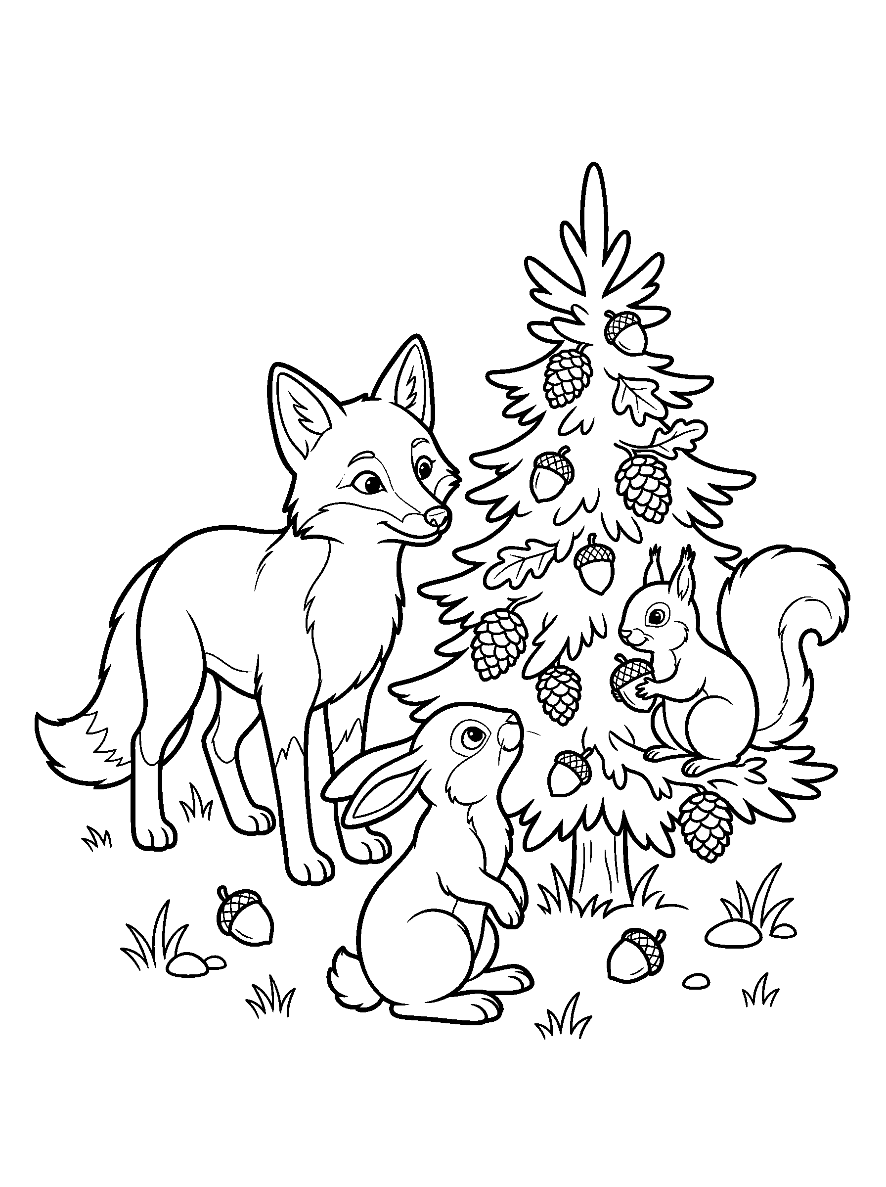 Woodland Friends at the Christmas Tree — full black-and-white printable coloring page