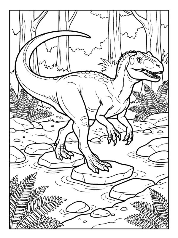 Allosaurus Creek Crossing — printable black-and-white coloring sheet