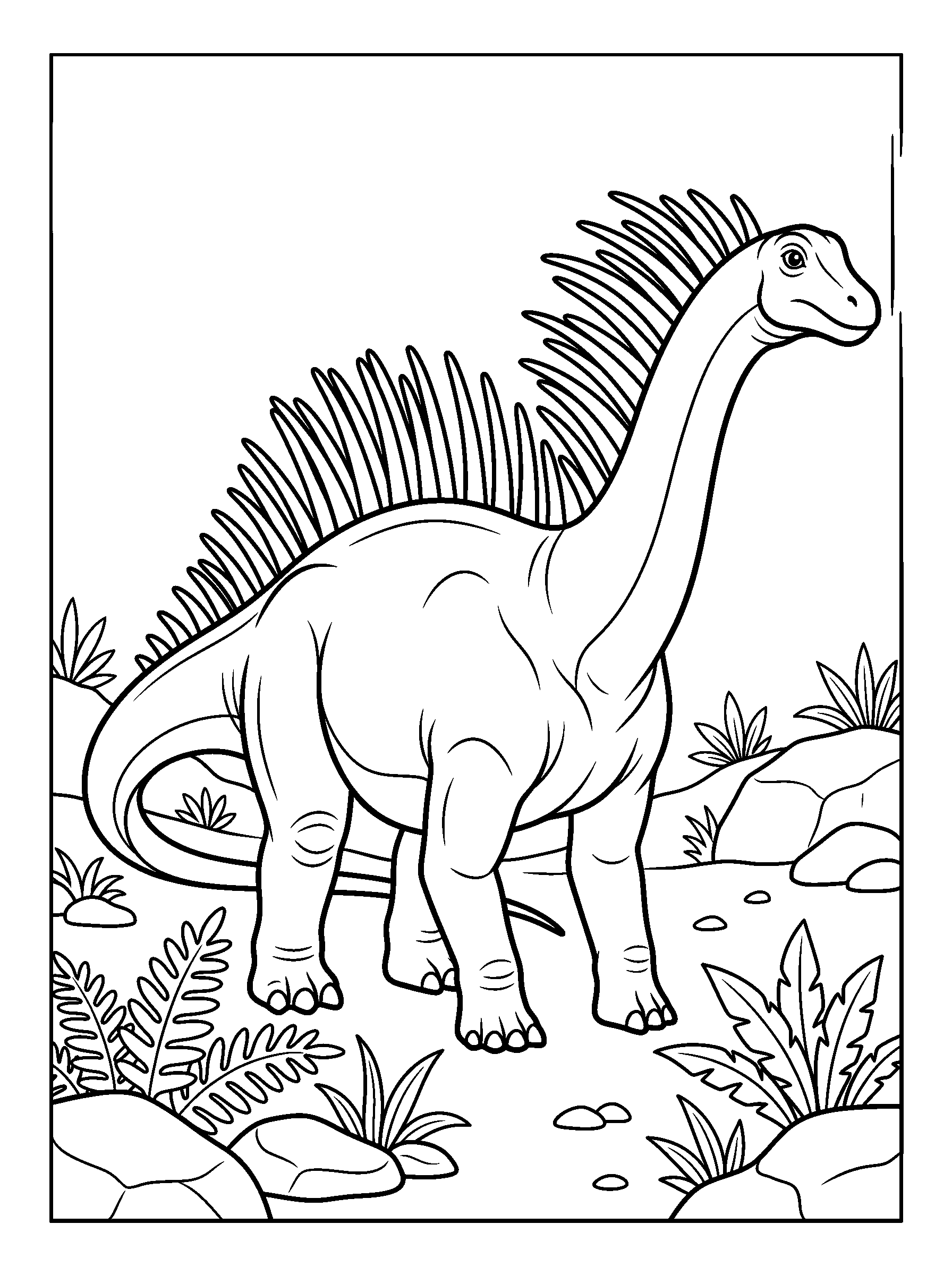 Amargasaurus Fern Valley — full black-and-white printable coloring page