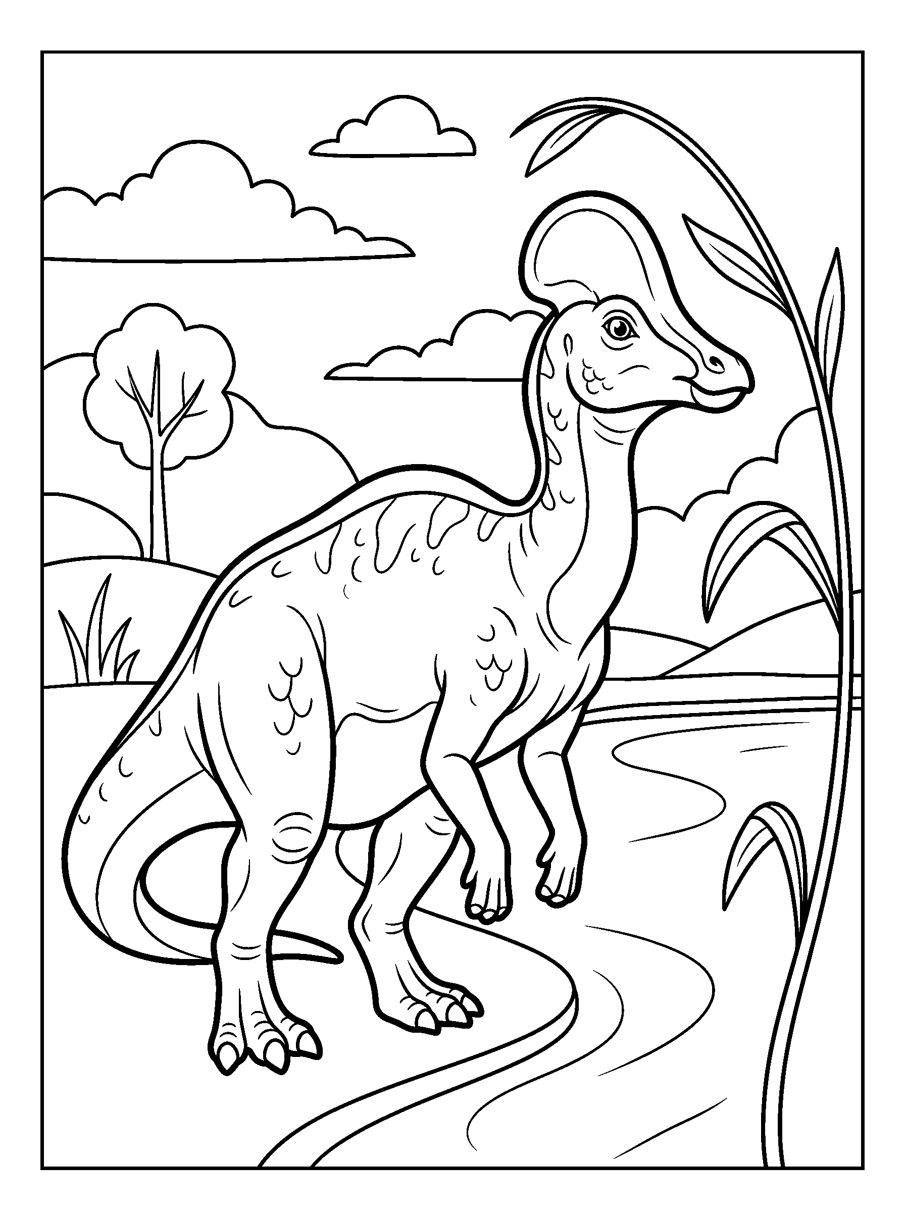 Corythosaurus Waterside Call — full black-and-white printable coloring page