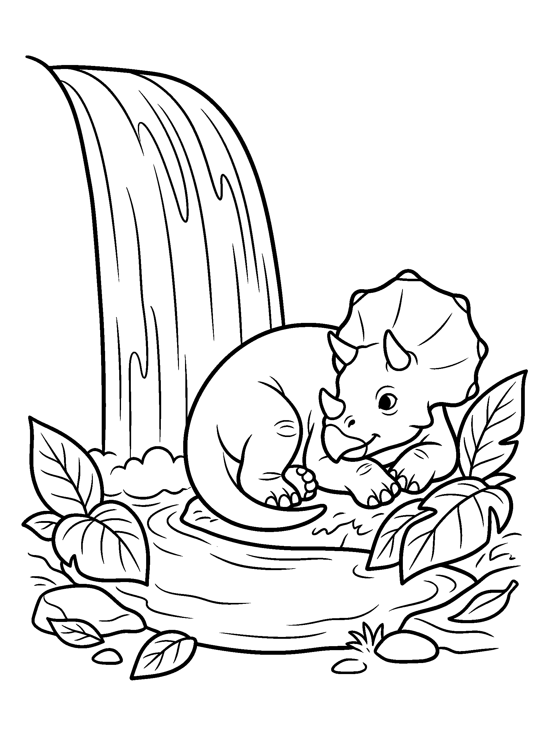 Dinosaur Waterfall Rest — full black-and-white printable coloring page