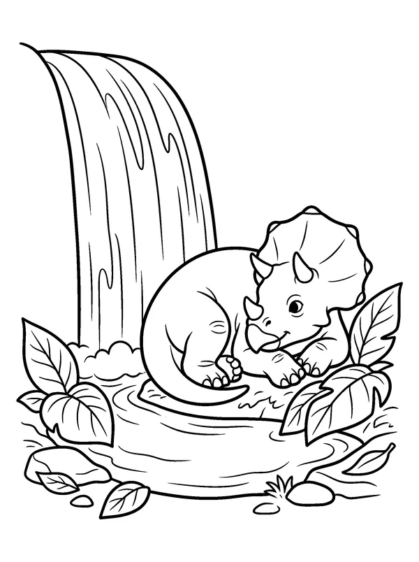 Dinosaur Waterfall Rest — printable black-and-white coloring sheet