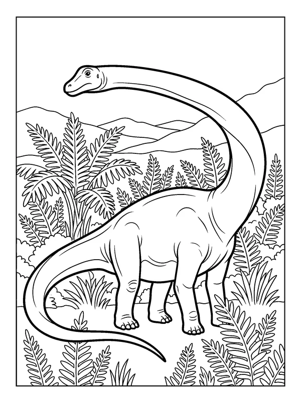 Diplodocus Fern Grove — printable black-and-white coloring sheet