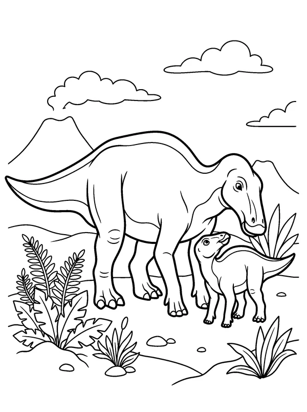 Edmontosaurus and Calf — printable black-and-white coloring sheet