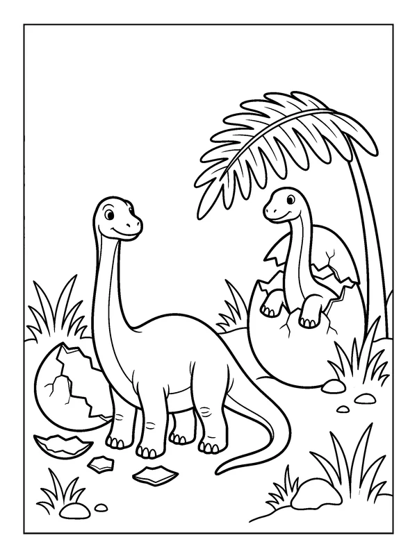 Hatching Dinosaur Siblings — printable black-and-white coloring sheet