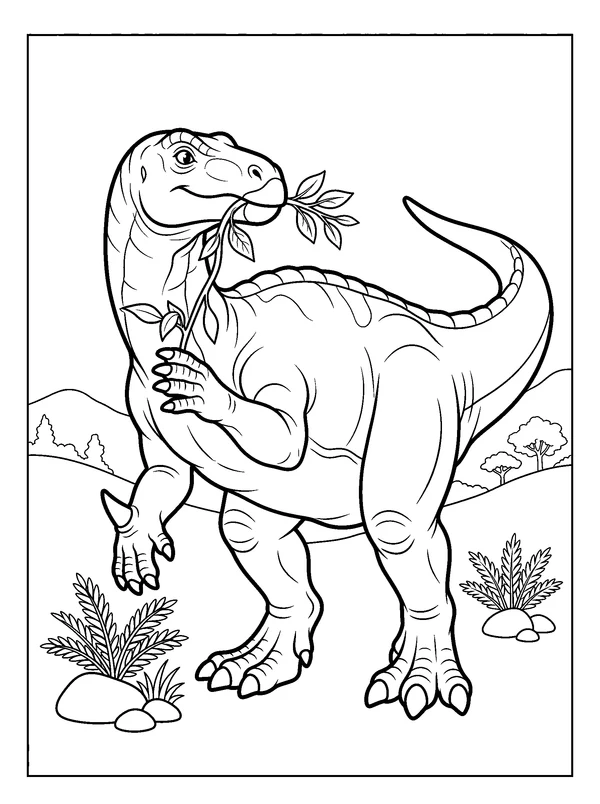 Iguanodon and the Leaves — printable black-and-white coloring sheet
