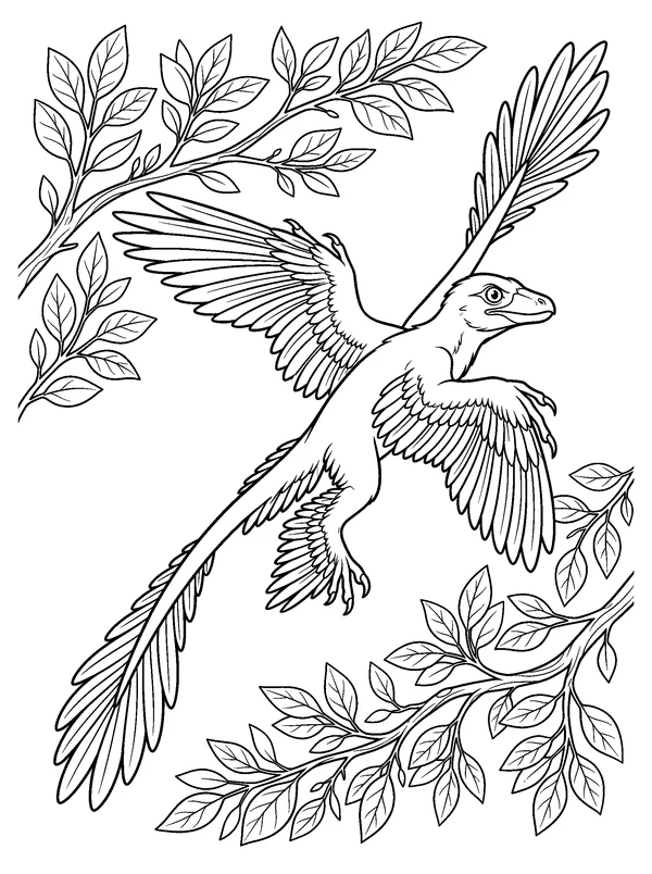 Microraptor Leaf Glide — printable black-and-white coloring sheet