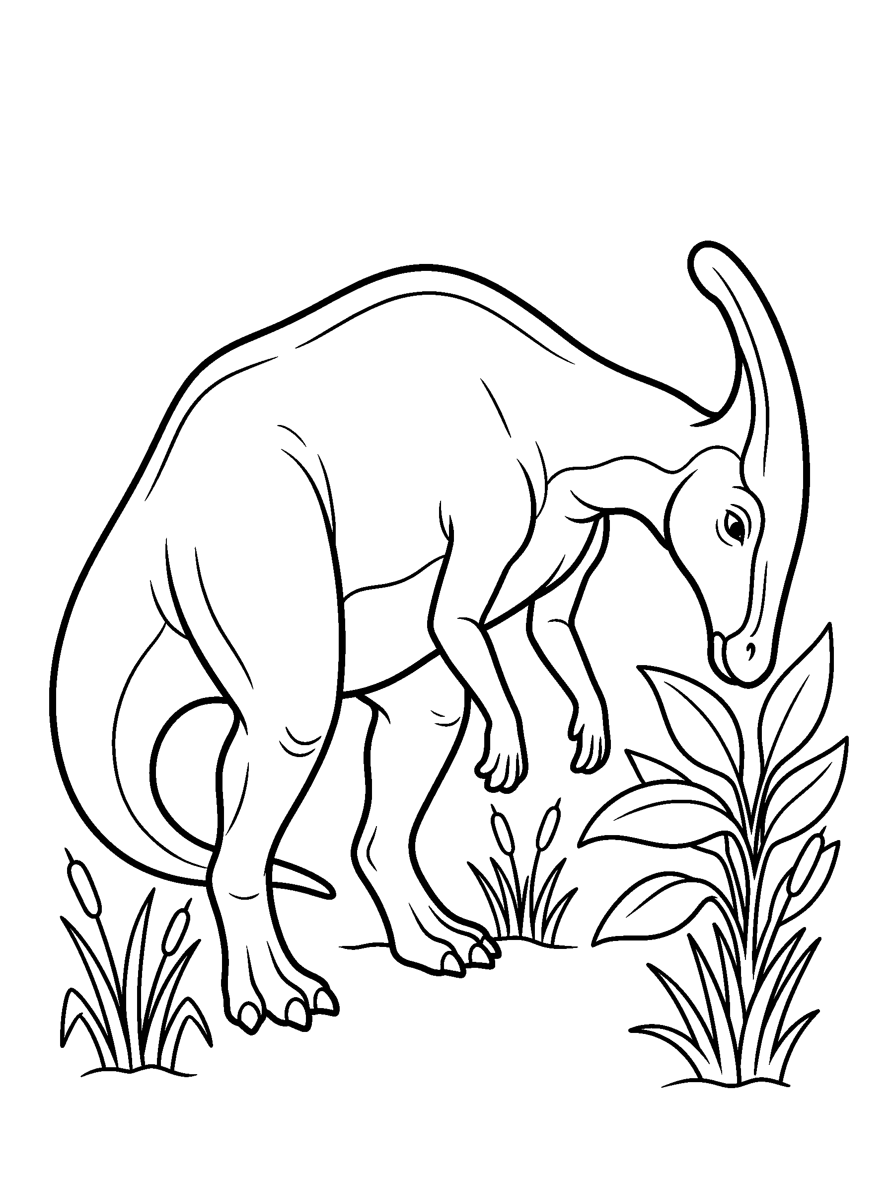 Parasaurolophus at the Lake — full black-and-white printable coloring page