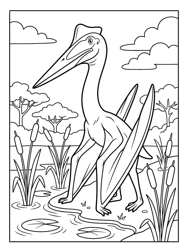 Quetzalcoatlus Marsh Walk — printable black-and-white coloring sheet