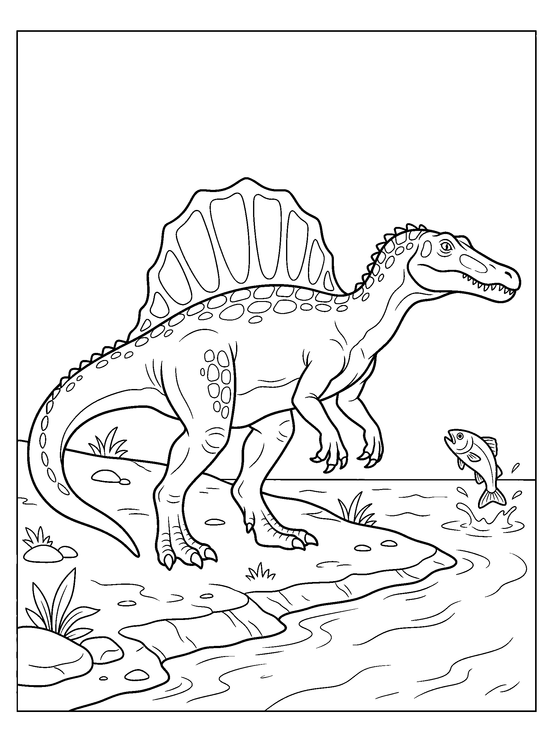 Spinosaurus by the River — full black-and-white printable coloring page