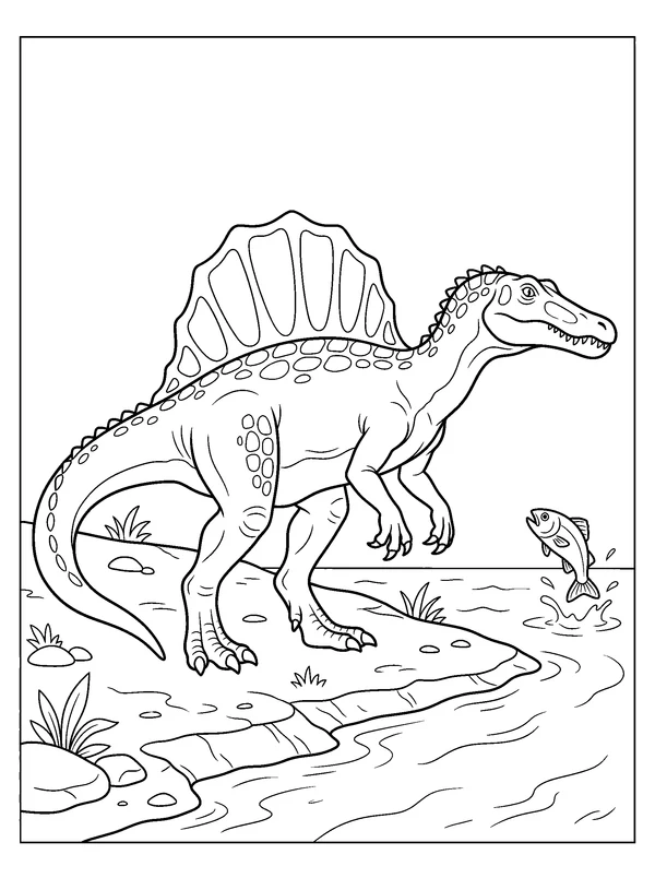 Spinosaurus by the River — printable black-and-white coloring sheet