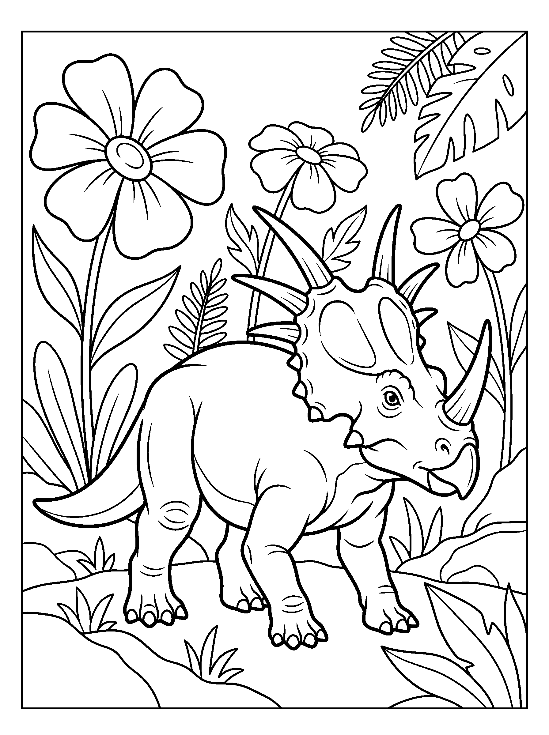 Styracosaurus Clearing — full black-and-white printable coloring page