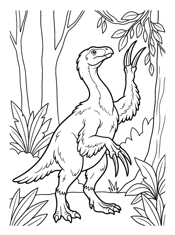 Therizinosaurus Garden — printable black-and-white coloring sheet