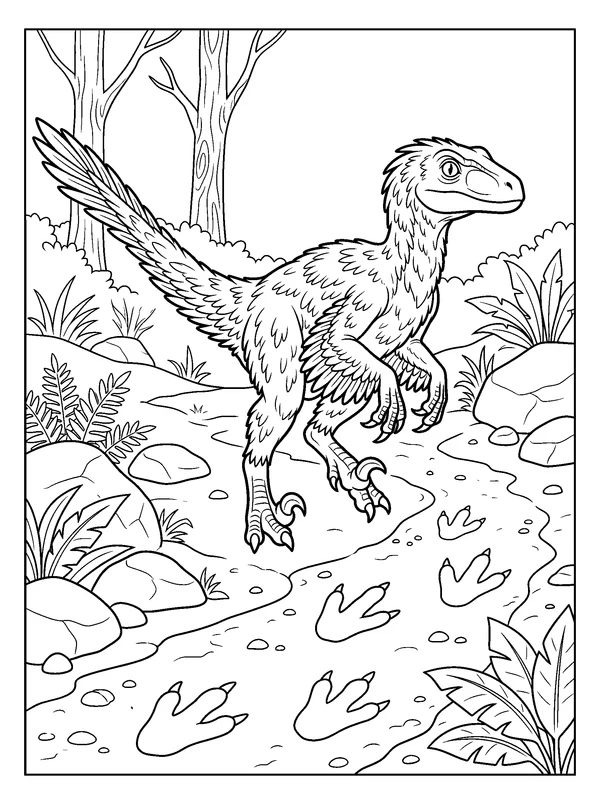 Velociraptor Footprints — printable black-and-white coloring sheet