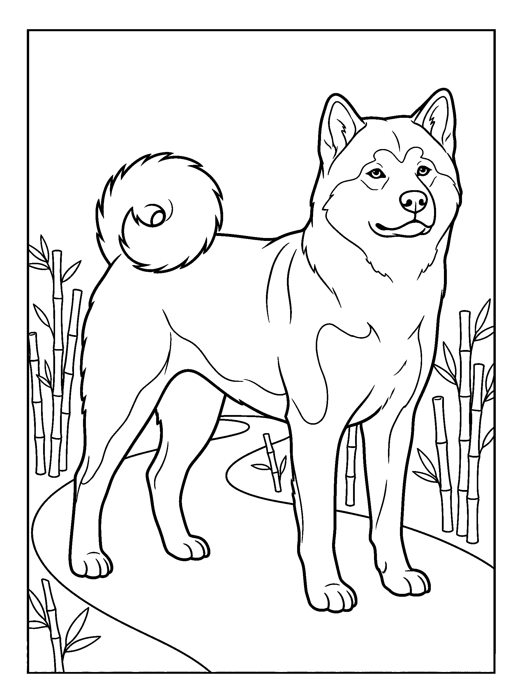 Akita Bamboo Walk — full black-and-white printable coloring page