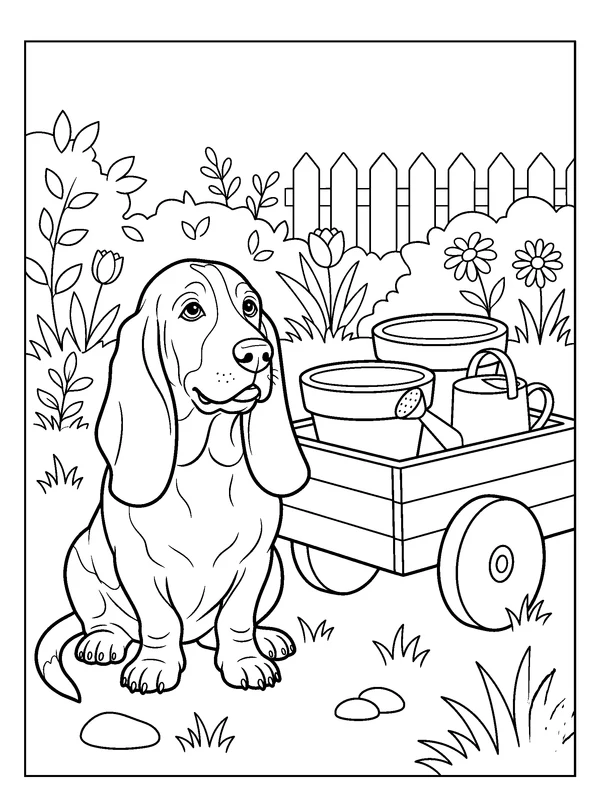 Basset by the Garden Cart — printable black-and-white coloring sheet