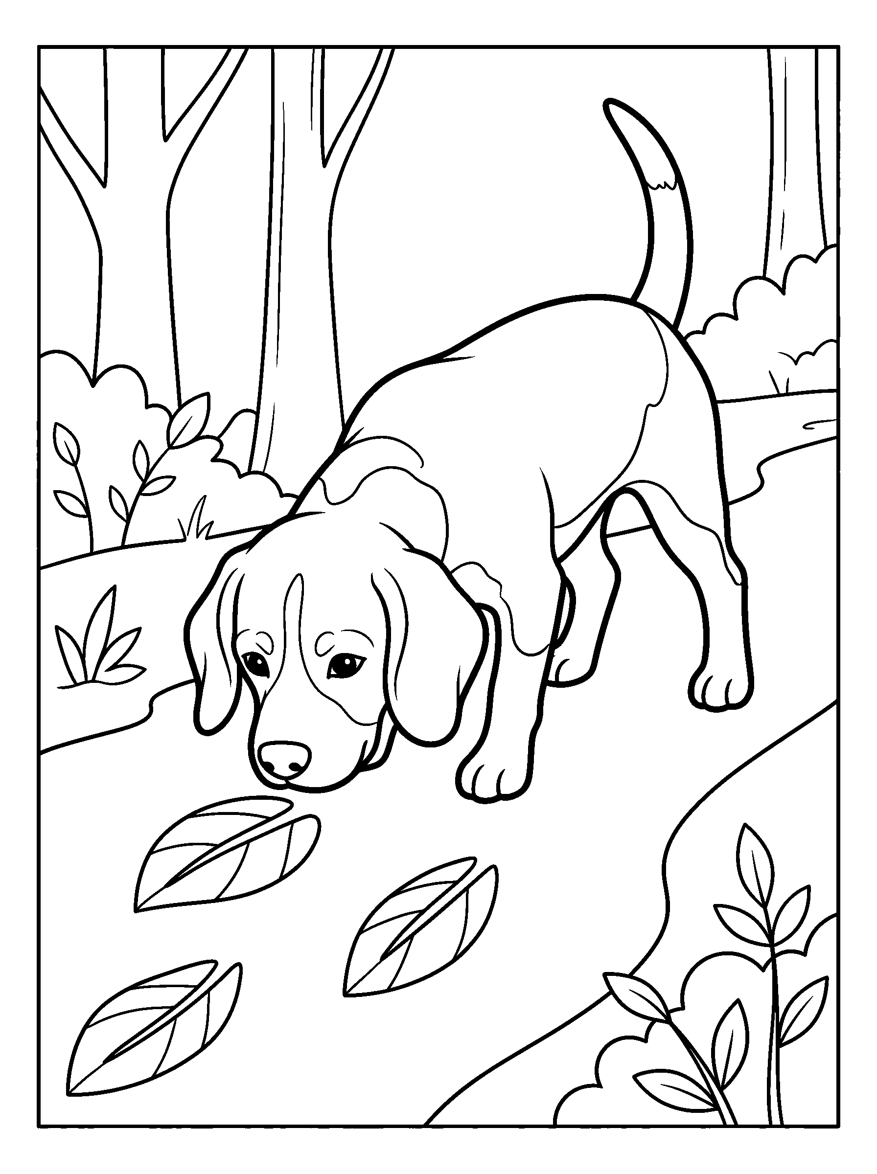 Beagle Scent Trail — full black-and-white printable coloring page