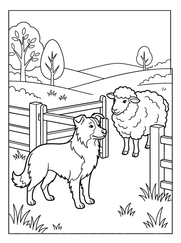 Collie at the Farm Gate — printable black-and-white coloring sheet