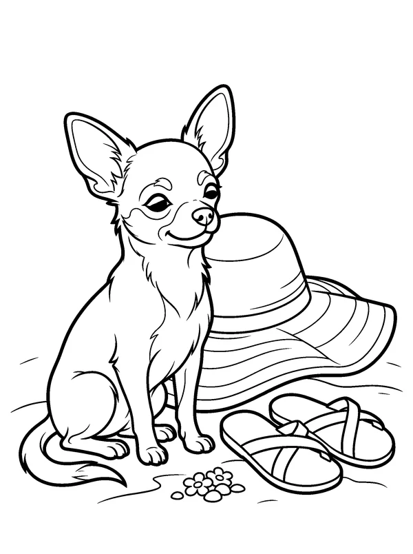 Chihuahua and a Sunhat — printable black-and-white coloring sheet