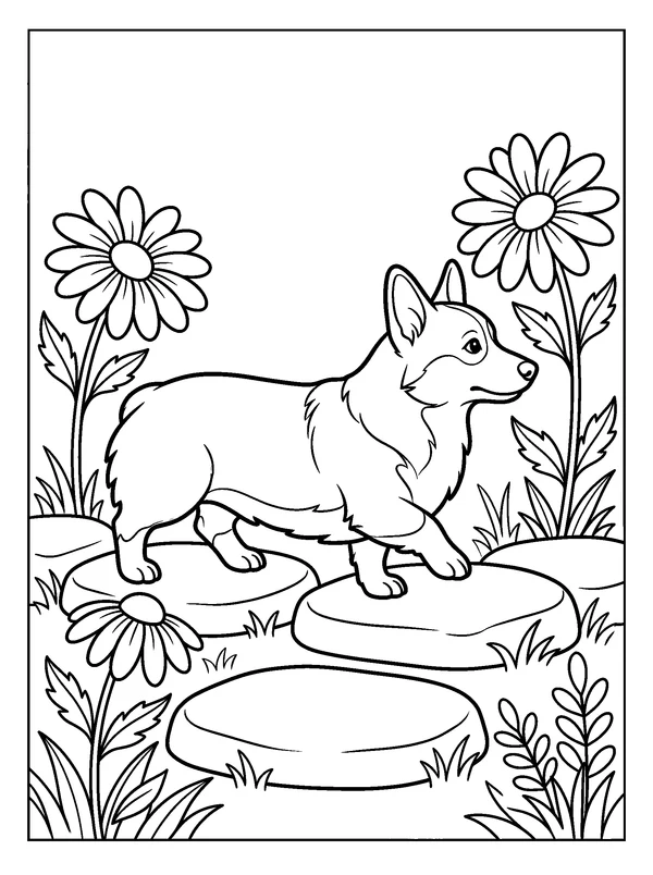 Corgi Garden Path — printable black-and-white coloring sheet