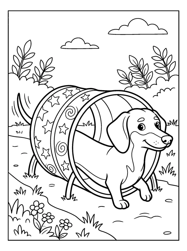 Dachshund Tunnel Adventure — printable black-and-white coloring sheet